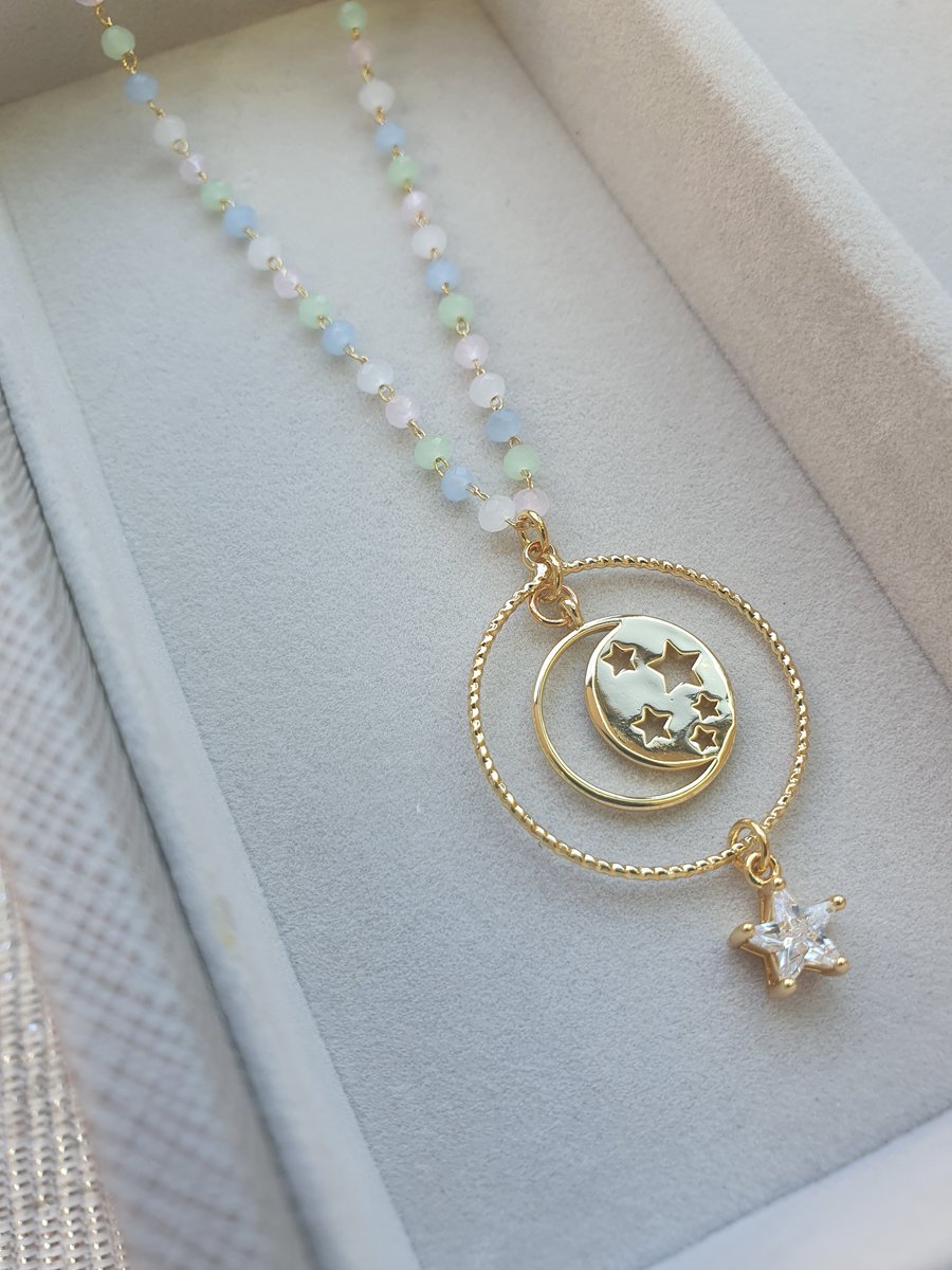 Sparkling Moon & Star Charm Necklace with Mixed Pastel Beaded Chain