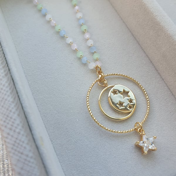 Sparkling Moon & Star Charm Necklace with Mixed Pastel Beaded Chain