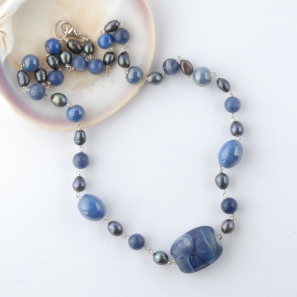 Blue glass and pearl necklace