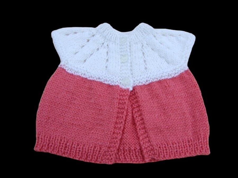 Baby sleeveless cardigan hand knitted in white and deep pink, Seconds Sunday