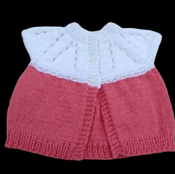 Baby sleeveless cardigan hand knitted in white and deep pink, Seconds Sunday
