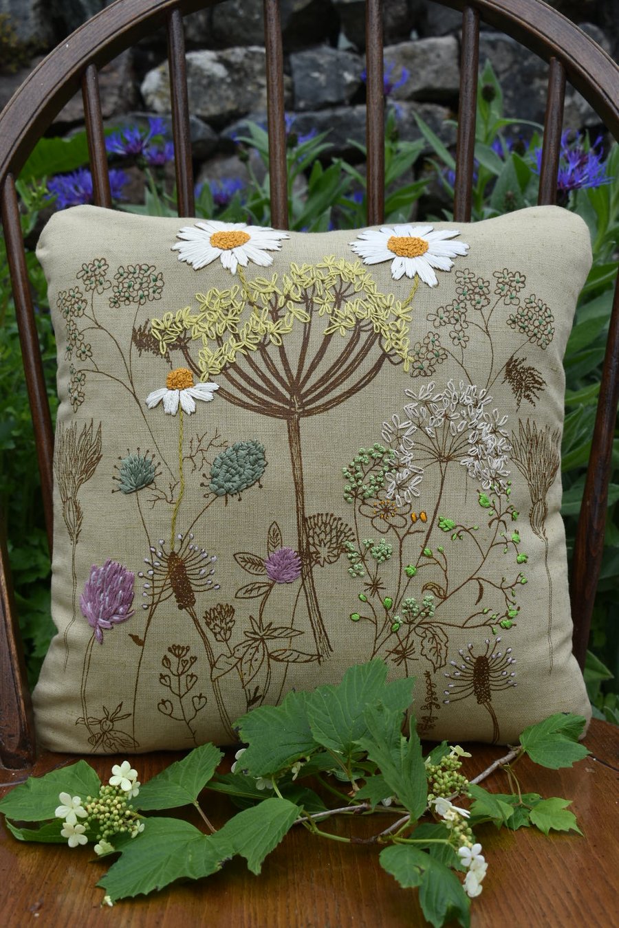 Green - Wild flowers- Screen printed cushion 
