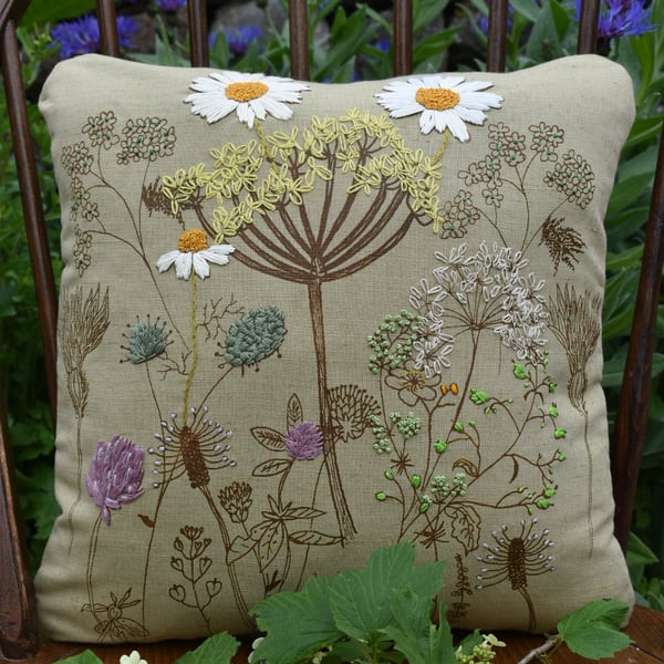 Green - Wild flowers- Screen printed cushion 