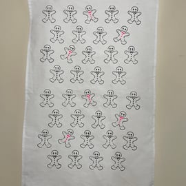 Gingerbread man Tea Towel Hand Printed White or Cream Cotton Gift Eco Sustainabl