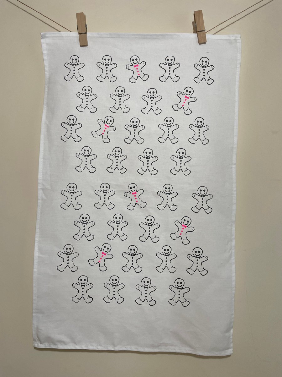 Gingerbread man Tea Towel Hand Printed White or Cream Cotton Gift Eco Sustainabl