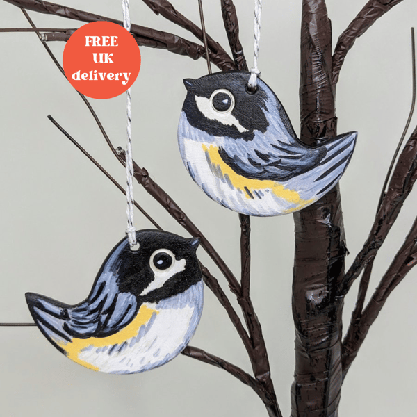 Bird decoration - Coal tit clay hanging decoration,  gift for a bird lover