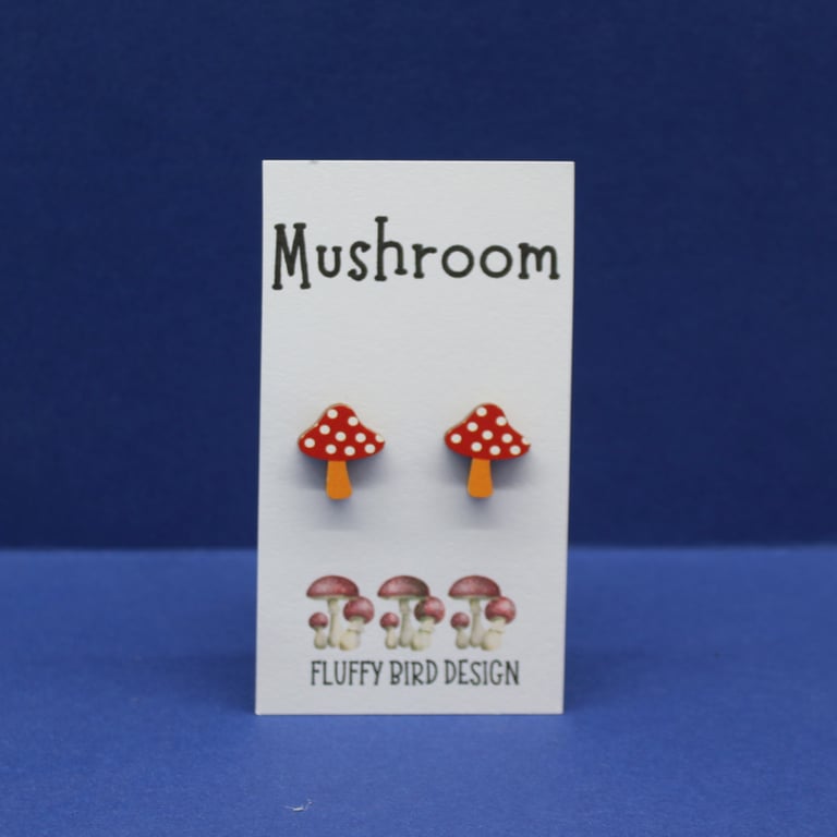 Wooden Mushroom Stud Earrings – Red Toadstool 
