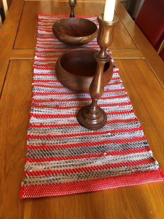 Grey and Red Stripe Rag Rug Table Runner