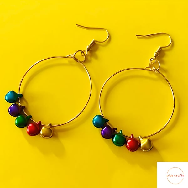 Rainbow Bell Bead Hoop Earrings, Colourful & Quirky Handmade Jewellery