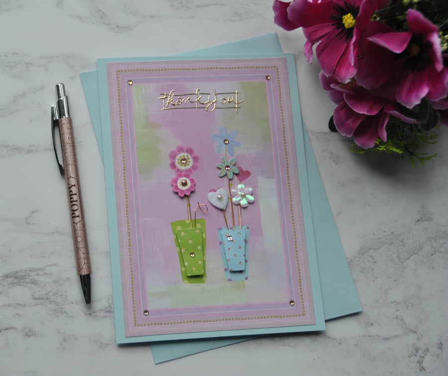 Thank You Card Flower Pots Mixed Media Fabric Love Heart 3D Luxury Handmade Card