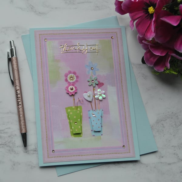 Thank You Card Flower Pots Mixed Media Fabric Love Heart 3D Luxury Handmade Card