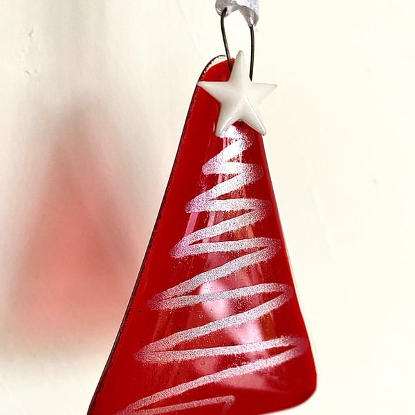 Red Fused Glass Swirl Christmas Tree Decoration