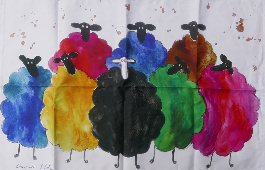 Quirky Colourful Sheep Tea towel 