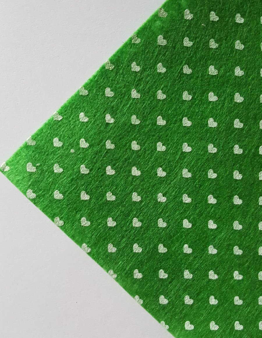 1 x Printed Felt Square - 12" x 12" - Hearts - Green 