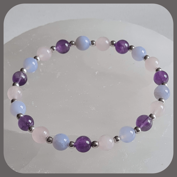 Amethyst, Rose Quartz, Blue Lace Agate and Sterling Silver Stacker Bracelet