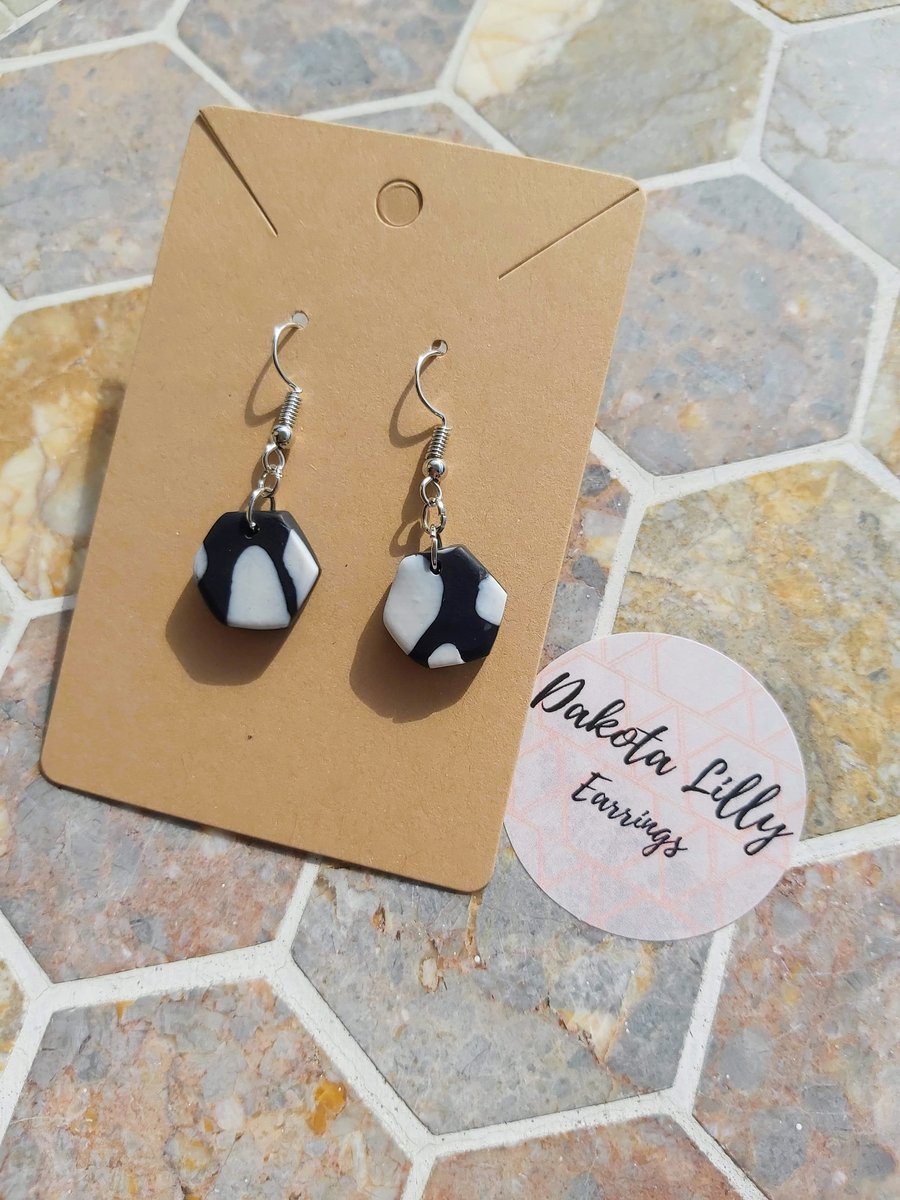 Black and white cow print polymer clay drop earrings