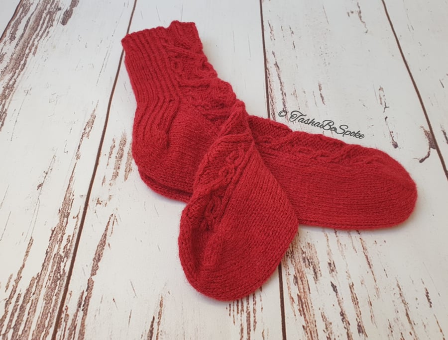 Hand knitted socks Women cable knit socks in red colour