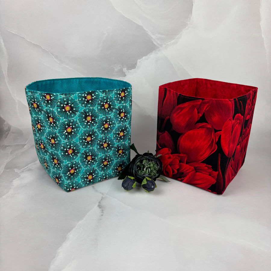 Floral fabric basket, Flowers storage bin, 2 options, Handmade