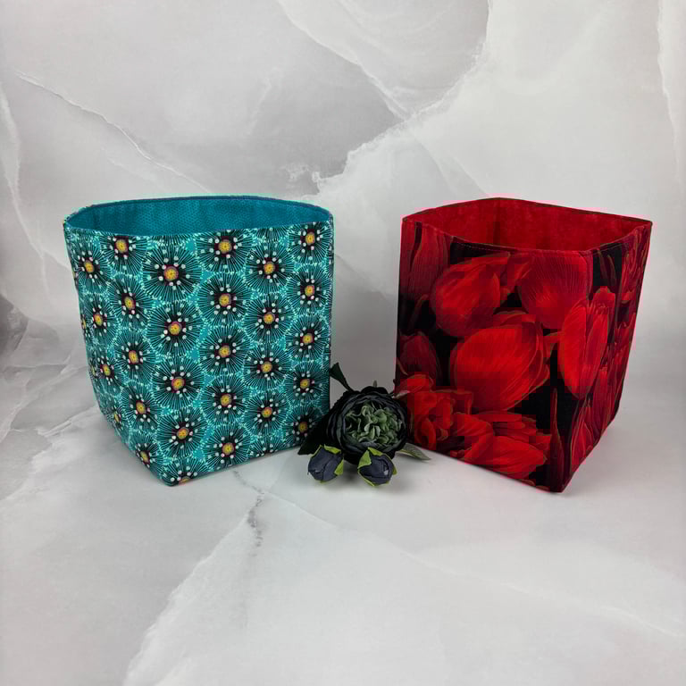 Floral fabric basket, Flowers storage bin, 2 pattern options, Handmade