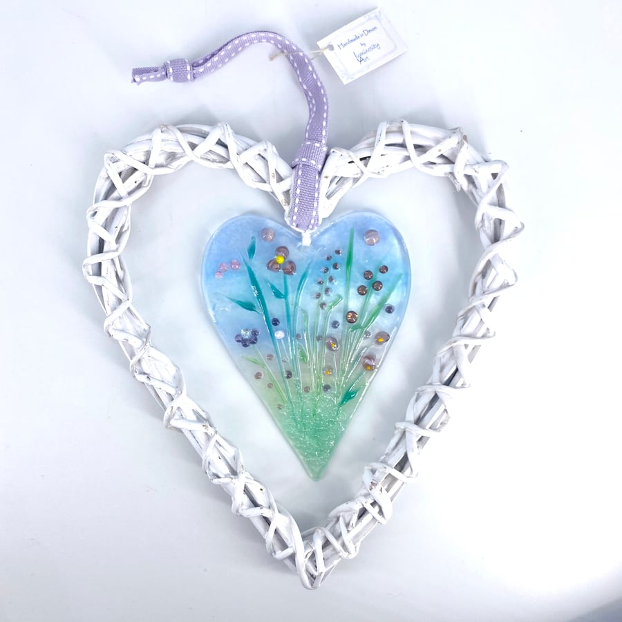 Glass Heart with Delicate Pink & Lilac Flowers in Wicker Heart on Ribbon