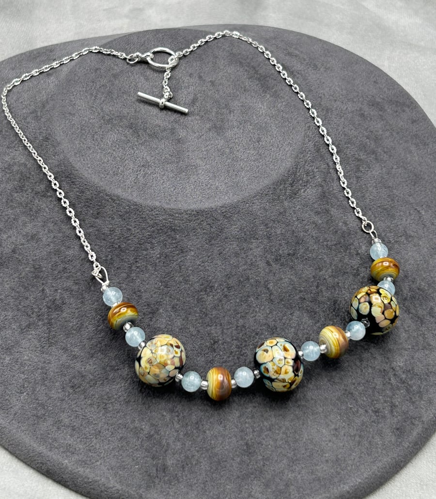 Raku spotted lampwork glass beaded necklace cream brown blue caramel