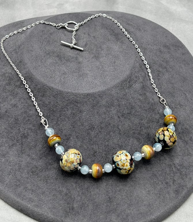 Raku spotted lampwork glass beaded necklace cream brown blue caramel