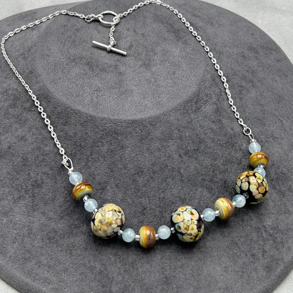 Raku spotted lampwork glass beaded necklace cream brown blue caramel
