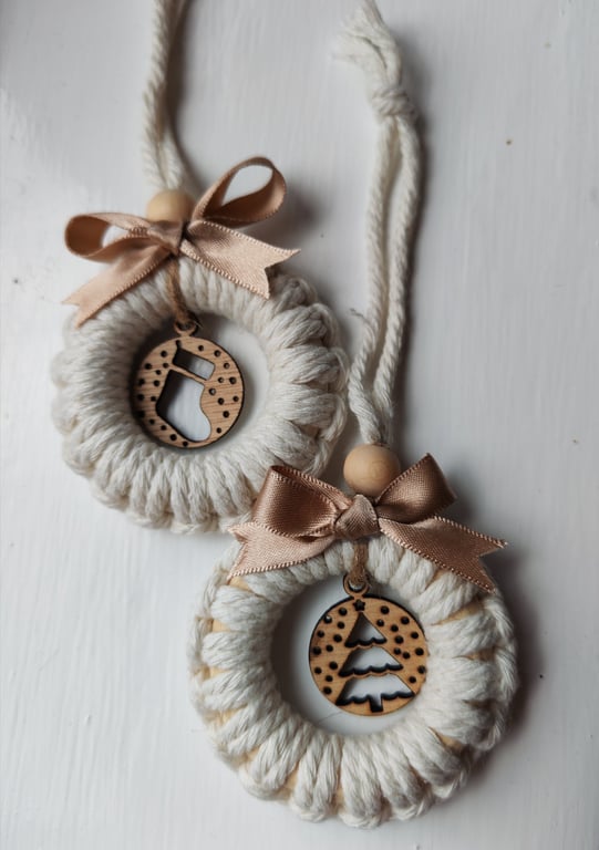 2 x Macrame Baubles with Wooden tree and stocking design