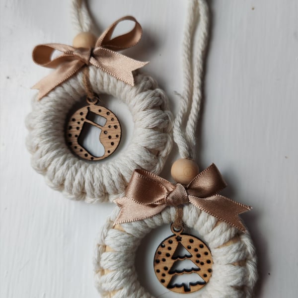 2 x Macrame Baubles with Wooden tree and stocking design