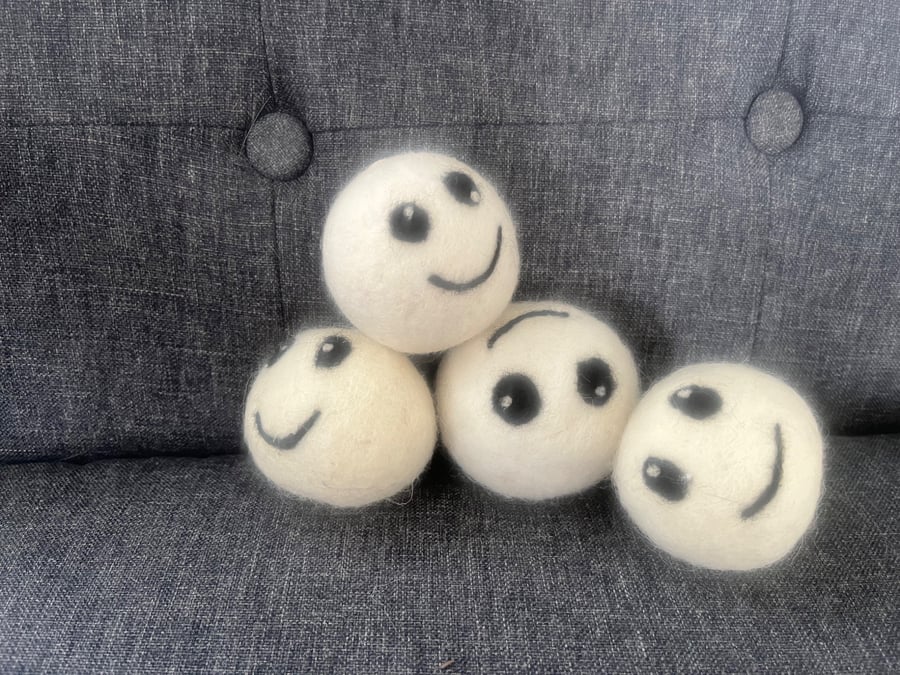100% wool handmade tumble dryer balls with funny faces