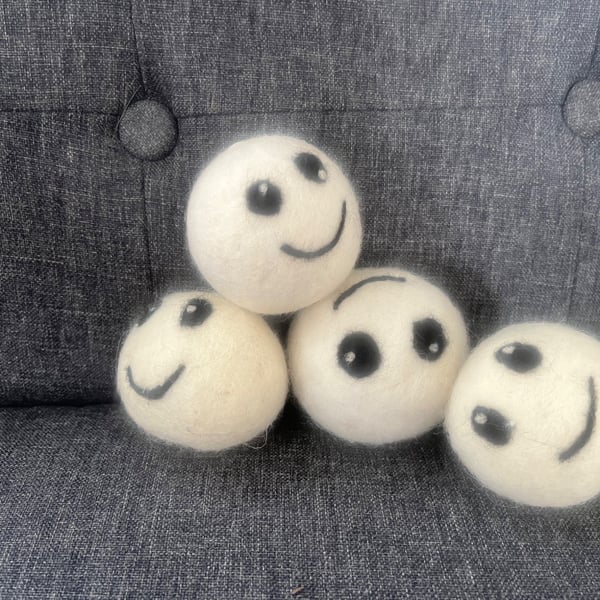 100% wool handmade tumble dryer balls with funny faces
