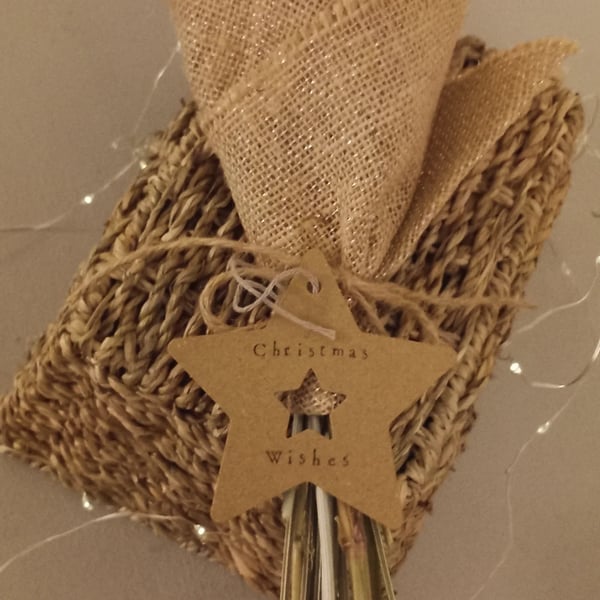 Medium-sized dried flower bouquet tied and wrapped in a sparkle hessian wrap.