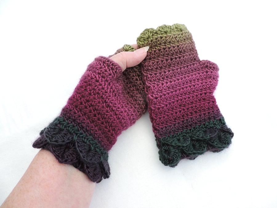 Fingerless Mitts Dragon Scale Cuffs  Plum Magenta Olive Bottle Green Black