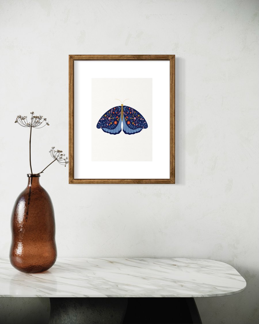Royal Blue Moth Art Print, Moth Wall Art Print, A4 Art Print