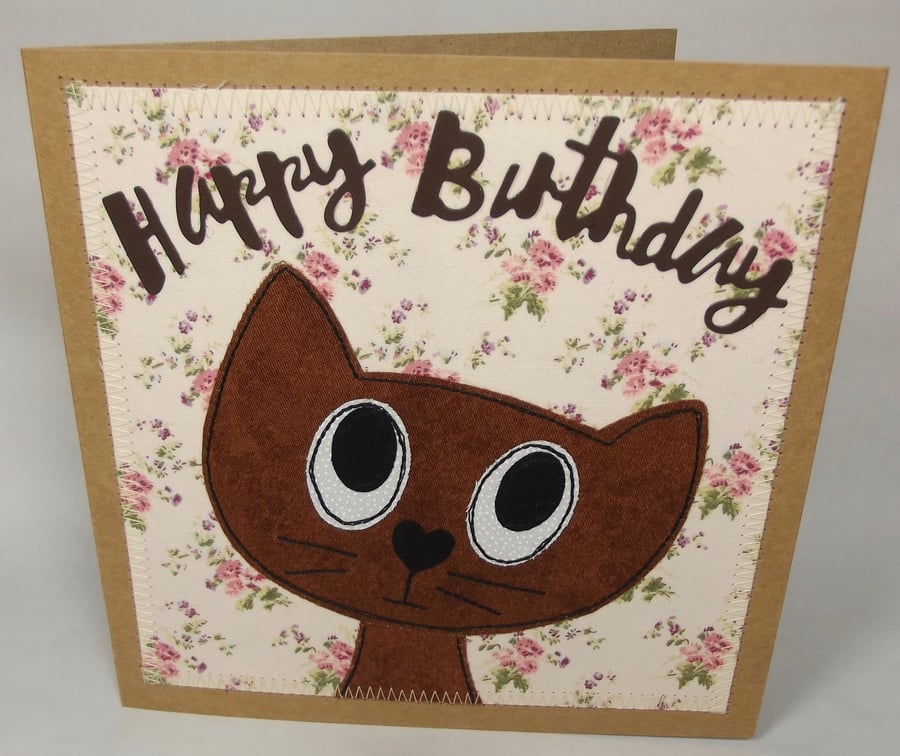 Happy Birthday Cat Fabric Greeting Card