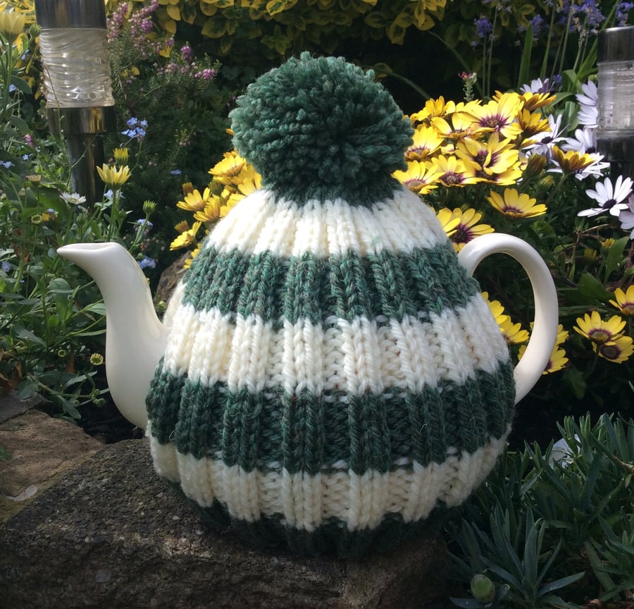 Aran Tea Cosy in green and cream with a bobble, knitted tea cosy 6 cup pot