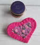 SOLD - Hand Embroidered Floral Heart Brooch on Cerise Pink Wool Felt - Image 2