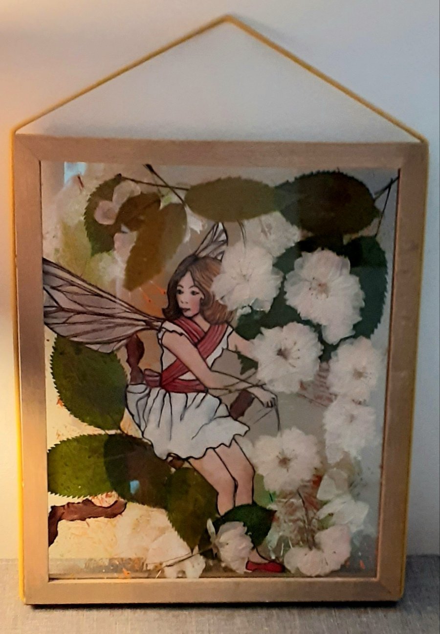 "The Cherry Blossom Fairy" hand drawn fairy with pressed cherry blossom flowers