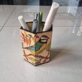 Blue tit wild bird pencil box pen holder, desk tidy hand painted original art 