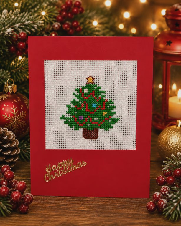 Handmade Cross Stitch Christmas Tree Card – Traditional Xmas Card – 6 x 4 Inch