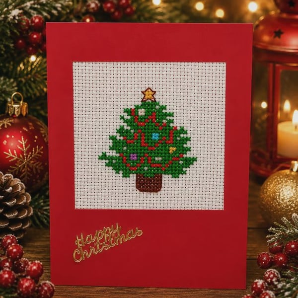 Handmade Cross Stitch Christmas Tree Card – Traditional Xmas Card – 6 x 4 Inch