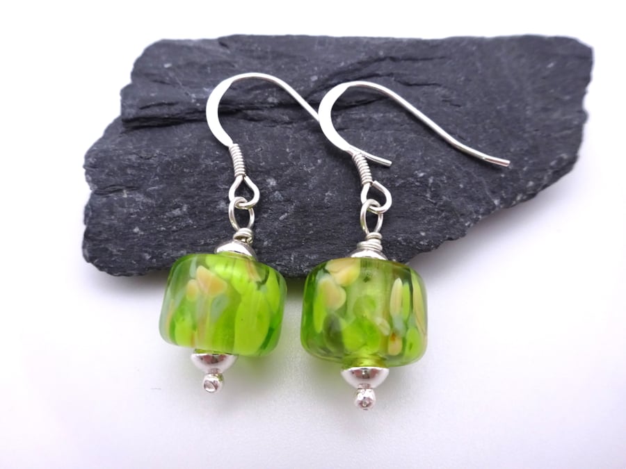 lampwork glass green and yellow earrings