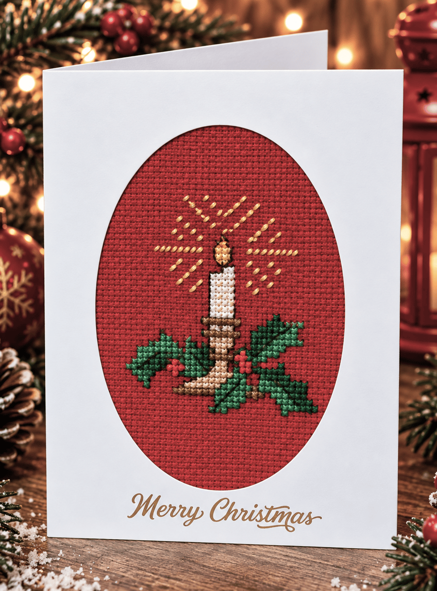 Handmade Cross Stitch Christmas Card – Candle, Holly & Berries – 6 x 4 Inch