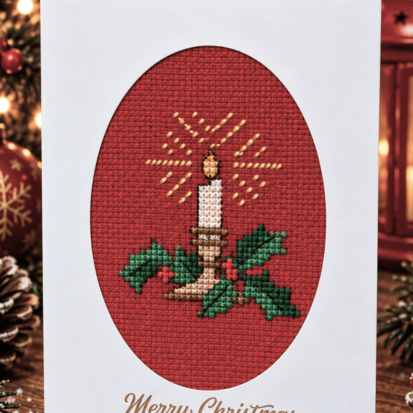 Handmade Cross Stitch Christmas Card – Candle, Holly & Berries – 6 x 4 Inch