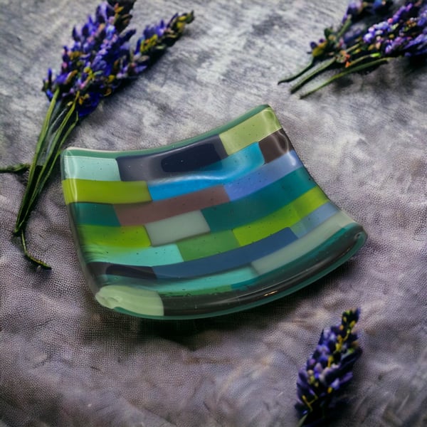 Fused glass trinket dish -blues, greens and purples patchwork
