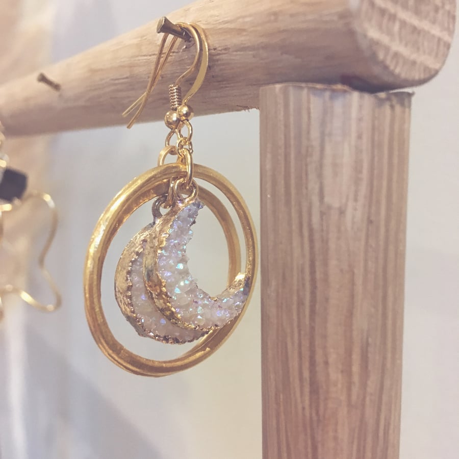Druzy Moon and Gold Vermeil Hoop Earrings