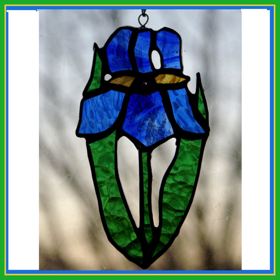  Stained Glass Iris Suncatcher Flower in blue.