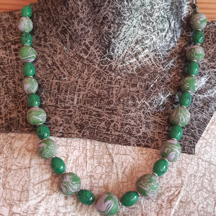 Handmade green and dusky pink polymer clay necklace
