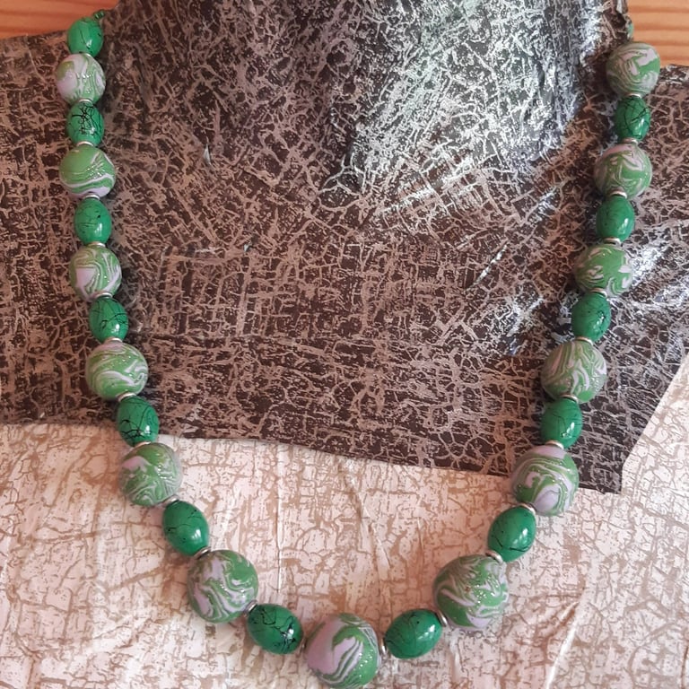 Handmade green and dusky pink polymer clay necklace