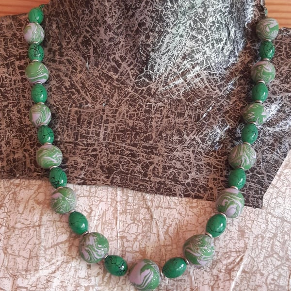 Handmade green and dusky pink polymer clay necklace
